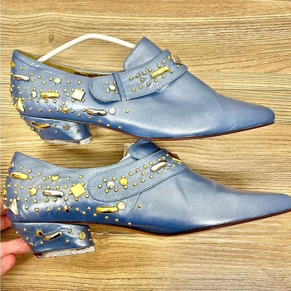 Fantasy Vintage 1980s Blue Leather Pumps - Size 7.5 Sculptural Jewel-Like Studs